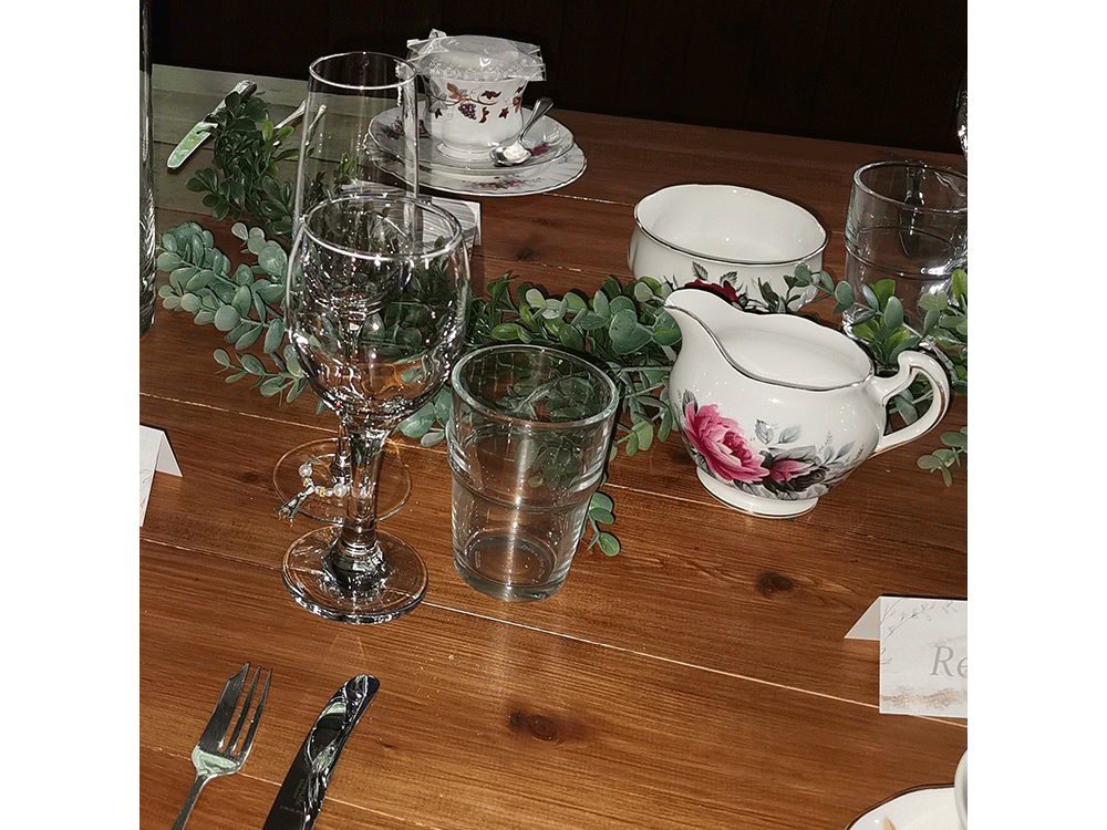 Fine china items on table at Wedding Breakfast